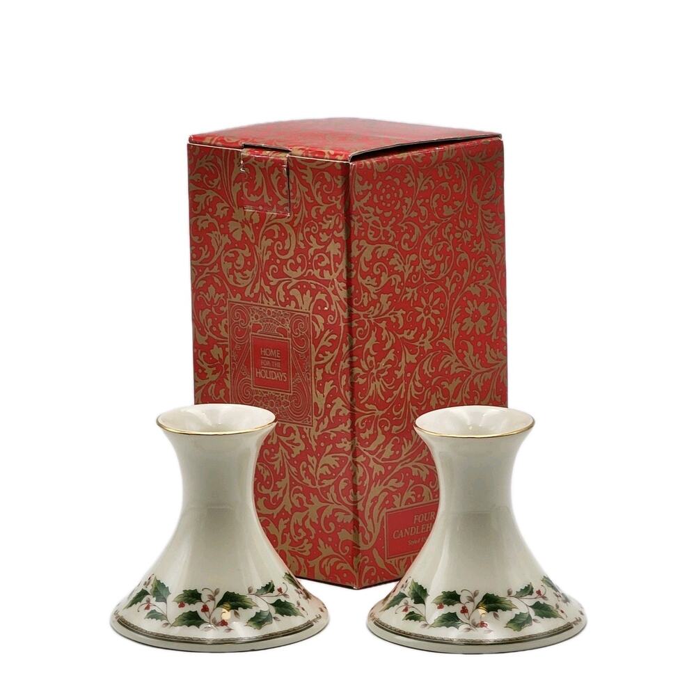 Royal Limited Holly Holiday Pair 4" Candle Holders Porcelain Gold Trim in Box